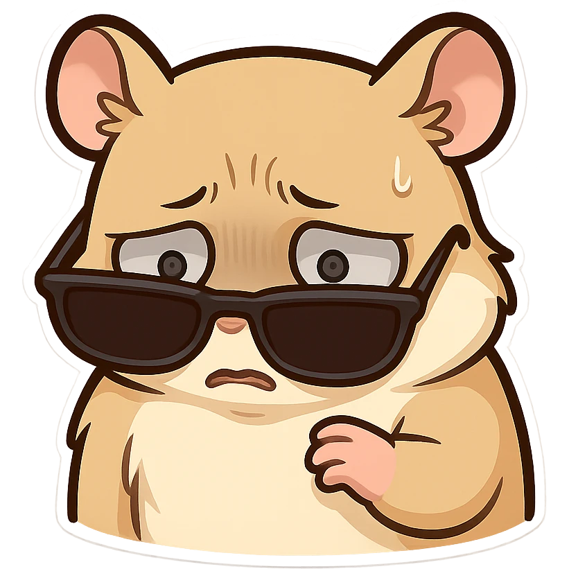 A hamster wearing sunglasses, the sunglasses have slipped down to the bottom of the eyes, the hamster lowered his head, his eyes were dull, terrified, and his face was full of disbelief emoji