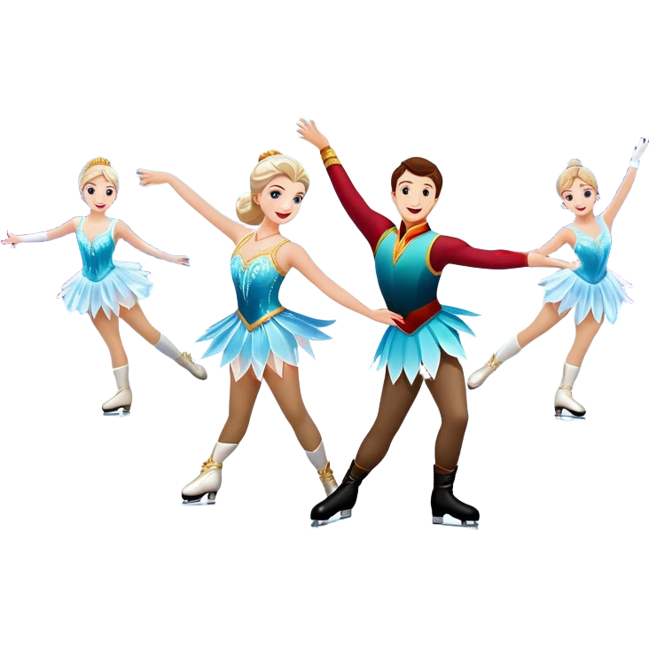 An icon of a theatrical ice show with close-up costumed figure skaters performing a dramatic scene on a glowing ice stage. Spotlights, colorful scenery, and a cheering audience in a grand arena convey the magic and artistry of the ice performance. Transparent background included. emoji