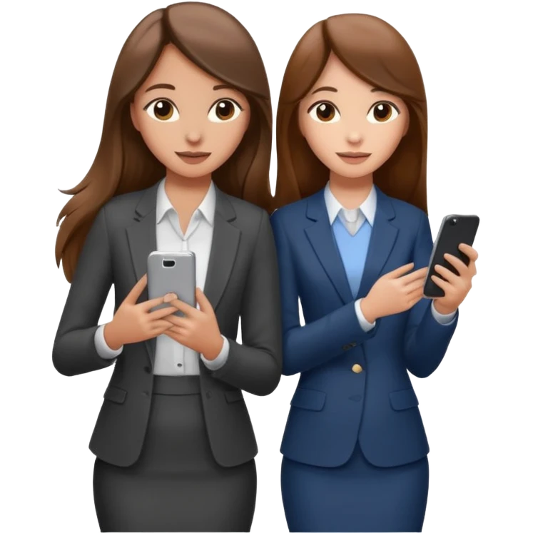 two brown haired girls, looking professional maybe leaned on each others back and looking forward and using phones, with long hair and one girl can hold lap top another one can hold the phone, professional clothes, more stylish emoji