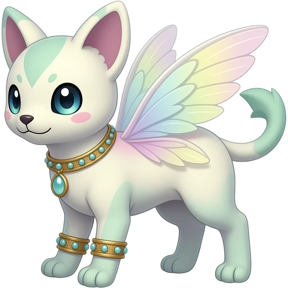 Quadrupedal 4-legged Epic complex futuristic detailed dark dusky gloomy pastel pink-pastel-green-pastel-yellow-white-gradient-iridescent, realistic Fakémon-Sprigatito-Floragato-Meowscarada-Trico-Sergal-Serval-Vernid-creature (full body) with bracelets and anklets and fairy wings emoji