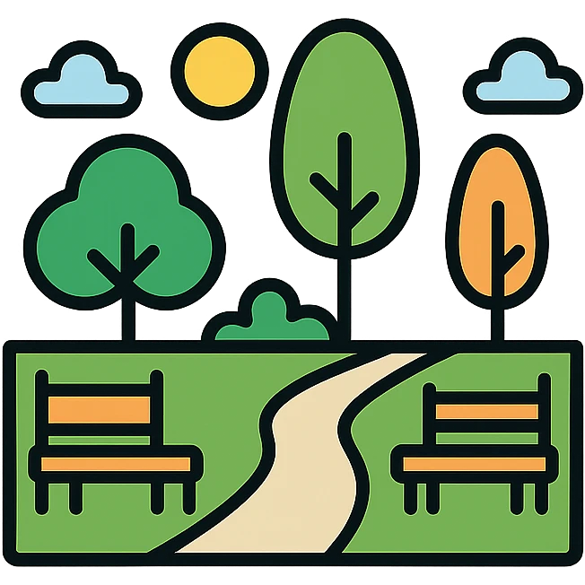 peaceful park landscape with various trees and benches, bright and warm colors, simple style emoji