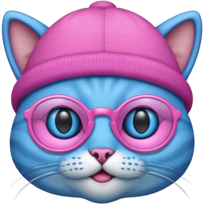 blue alien cat with no fur, pink hat  and spectacles emoji