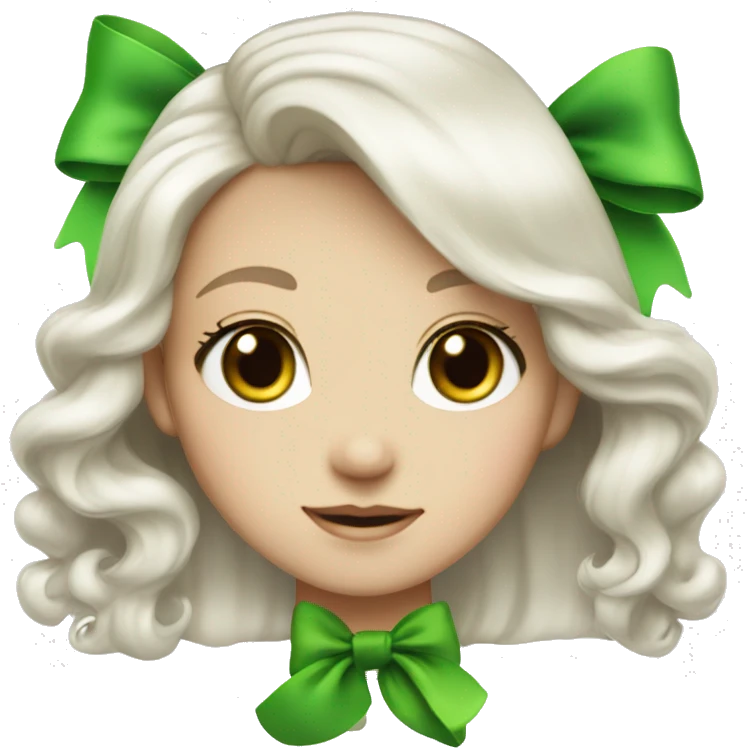 pale girl with long platinum white wavy hair with bright green eyes and wearing a black hair bow emoji