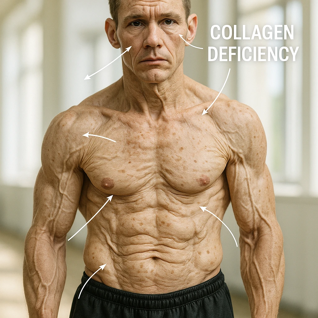 hyper realistic young bodybuilder with signs of premature aging due to low collagen, sculpted muscles, sagging skin and spots, arrows showing collagen deficiency, bright environment emoji