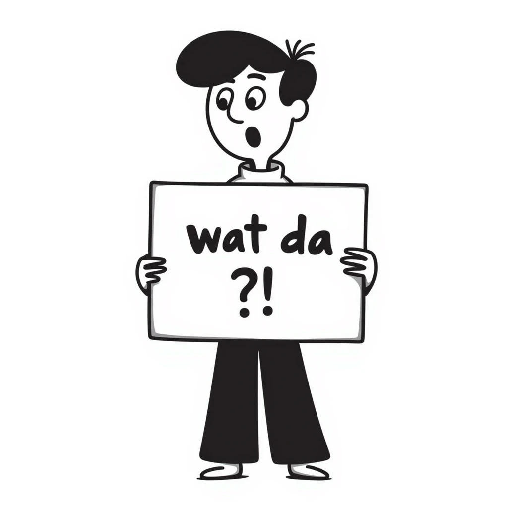 astounded man holding a sign that says 'wat da', hand drawn doodle style emoji