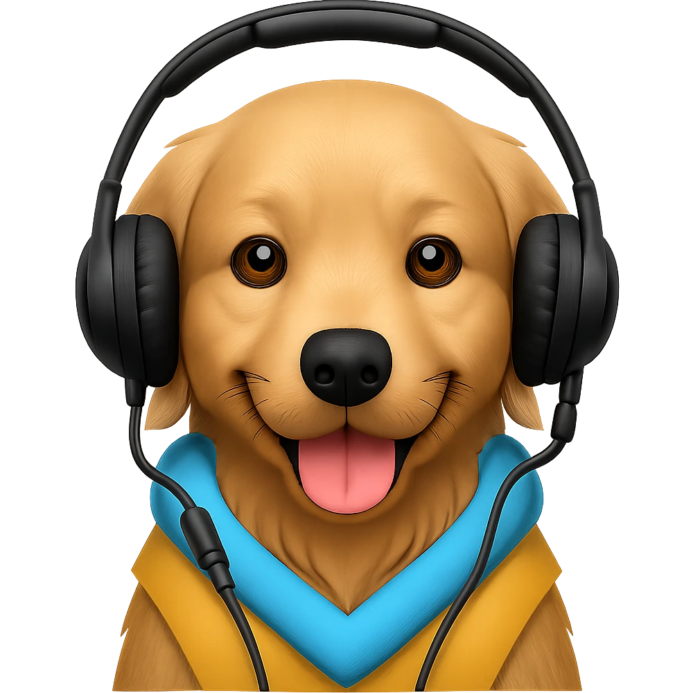 A golden retriever emoji with a realistic headset style, friendly and approachable, wearing a headset, with no background. emoji
