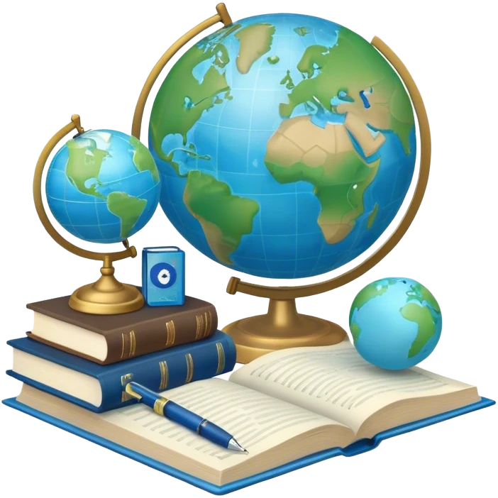 Create an emoji representing language translation. The design should feature a globe in the background, symbolizing international communication. In front of the globe, place two books or sheets of paper with texs on them and a pen nearby to indicate the act of writing. Use a clean and professional color palette with blues, greens, and neutral tones. Make the background transparent. emoji