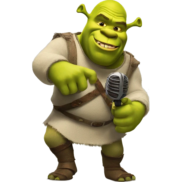 Shrek with a microphone in his hand listens to the donkey emoji