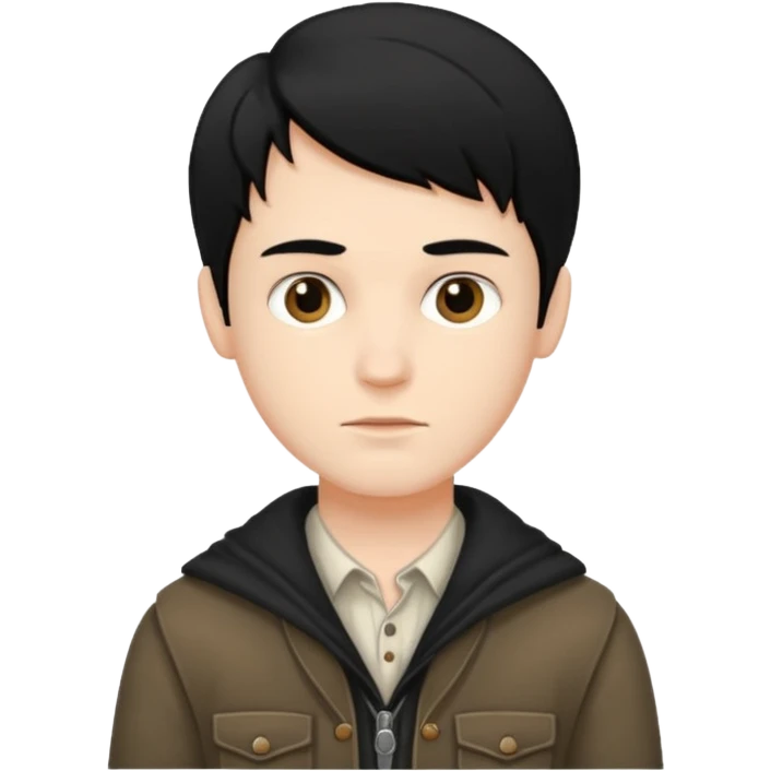 A white boy with black hair, wearing old clothes and a beautiful style emoji