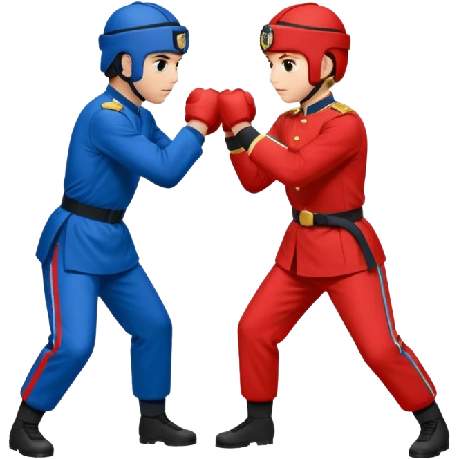 two peope sparring, red uniform and blue unidorm emoji