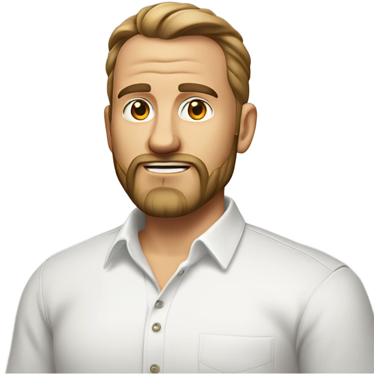 middle aged english man, short slicked back hair dark blonde, dark blonde medium length size full beard, wearing only a plain white smart shirt unbuttoned. emoji