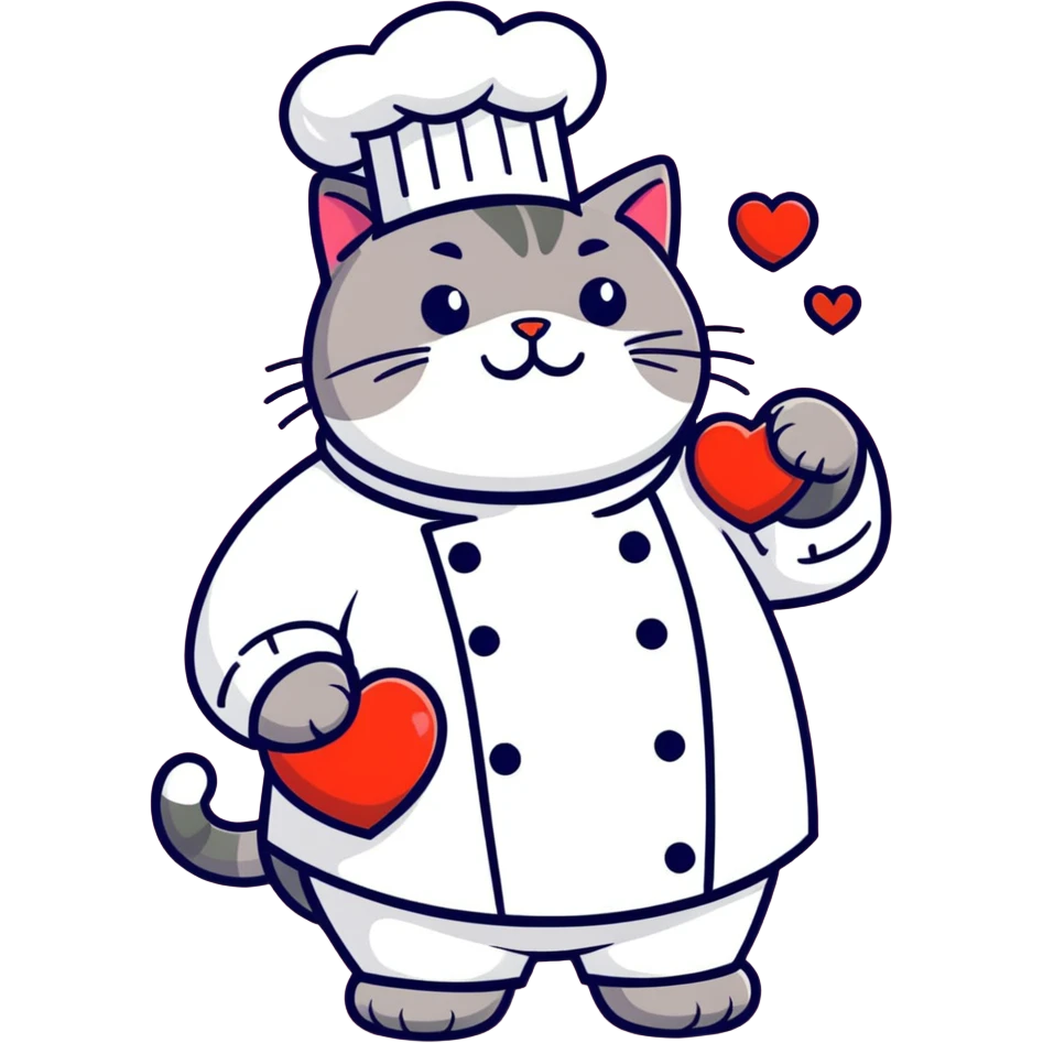Fat bearded cat in chef outfit surrounded by hearts emoji