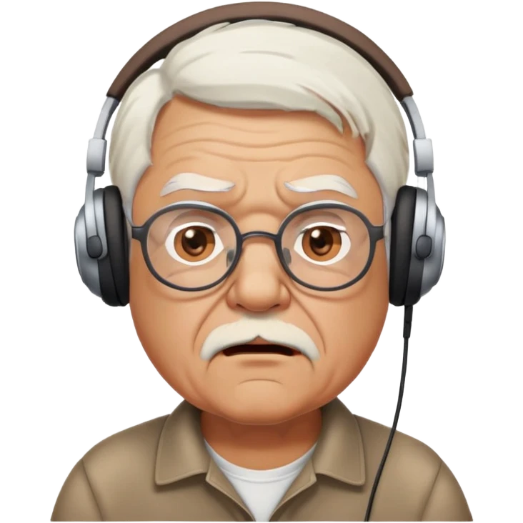 Brown old man with medium white hair, wearing glasses and headphones, looking surprised and angry, no facial hair, chubby, looking to the upper left corner emoji