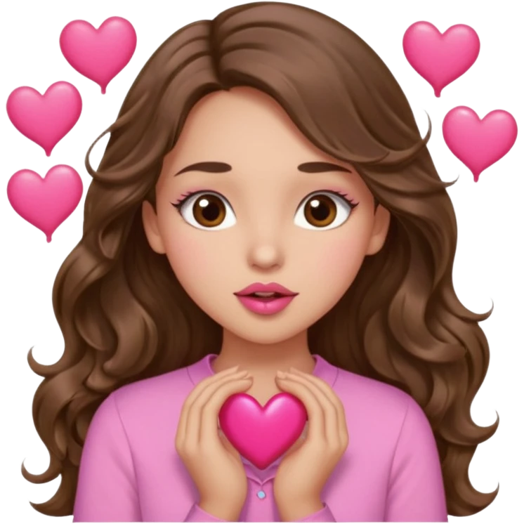 girl with long wavy brown hair, brown eyes, light to medium complexion, in a pink shirt, pink lips, long lashes, puckering up for a kiss, many  hearts in hand emoji