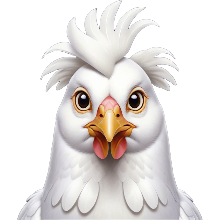 Cinematic Noble White Chicken Portrait Emoji, Poised and regal, with a compact, sturdy build and a pristine, well-groomed pure white plumage, deep-set soulful beady eyes, Simplified yet sharp and sophisticated features, highly detailed, glowing with a soft, dignified glow, high shine, intelligent and alert, stylized with an air of barnyard elegance, focused and attentive, soft glowing outline, capturing the essence of a watchful and confident fowl, so majestic it feels as though it could strut out of the screen with effortless authority! emoji
