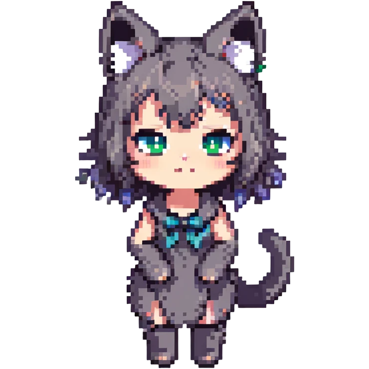 cat girl, pixel art style, chibi proportions, simple background, cat ears, playful emoji