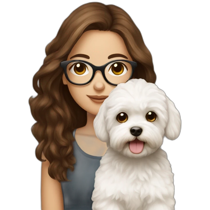 Long brown hair, eyeglassed turkish girl with white maltipoo emoji