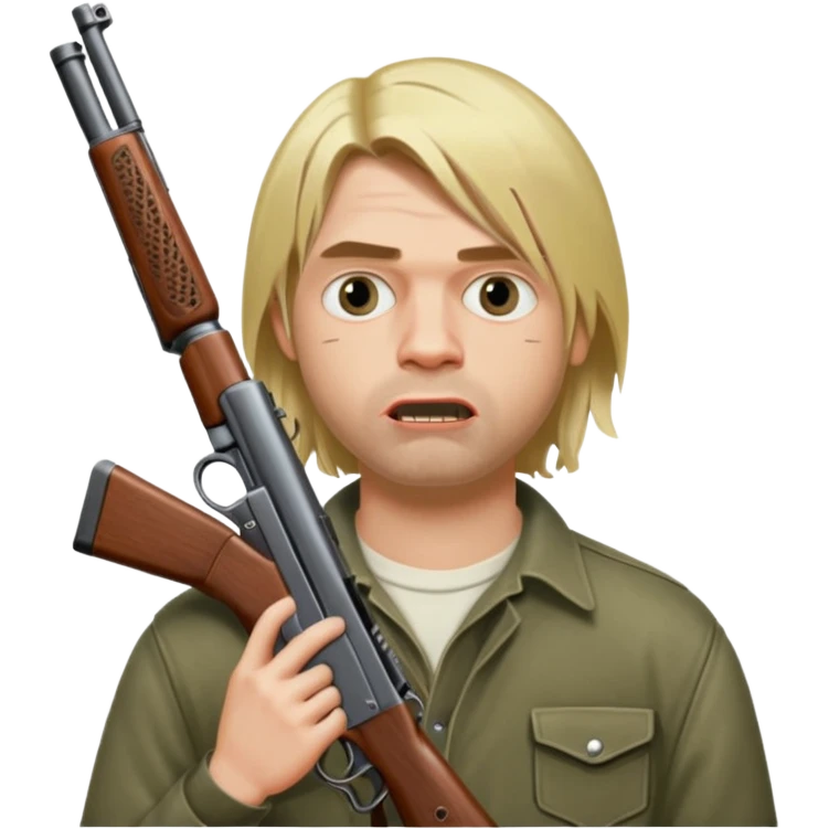Kurt Cobain thoughtfully holds a double-barreled shotgun aimed at his open mouth. emoji