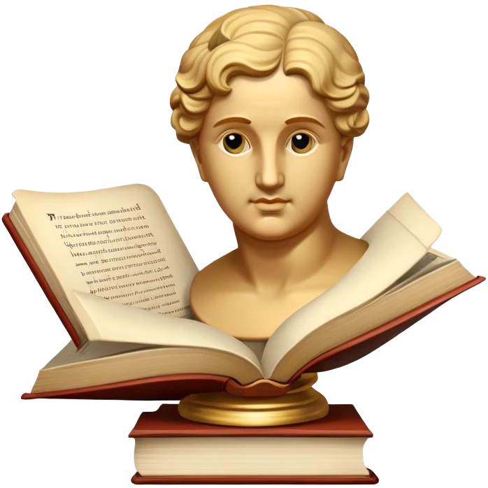 An icon featuring a classical bust, a book, and a question mark, symbolizing philosophy. The design includes a scroll with ancient text, evoking deep thought and intellectual inquiry. Transparent background highlights the search for knowledge and meaning emoji