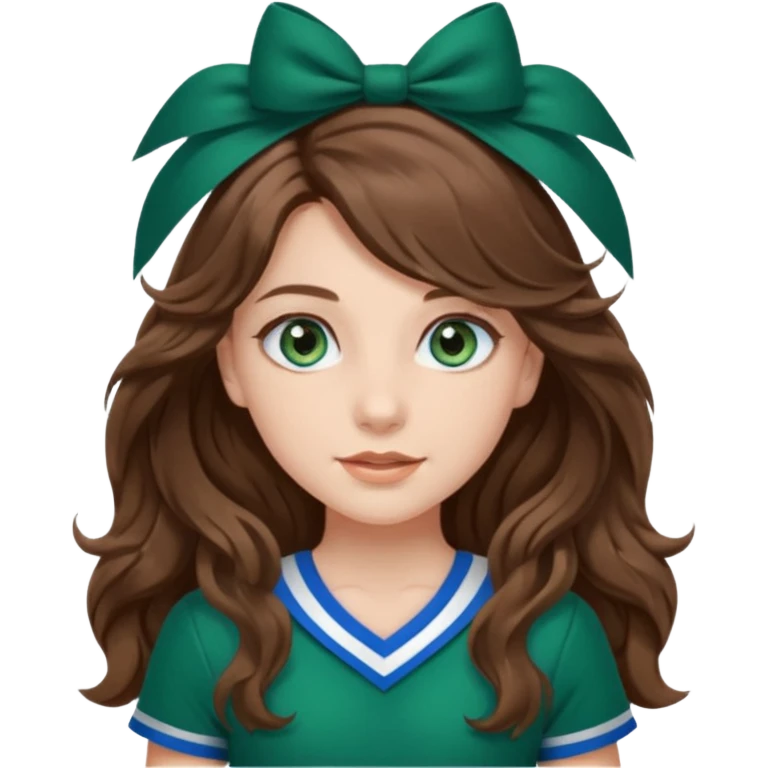 A pretty girl with BLUE EYES, brown long wavy hair, and wear green Hawkins cheerleader uniform emoji