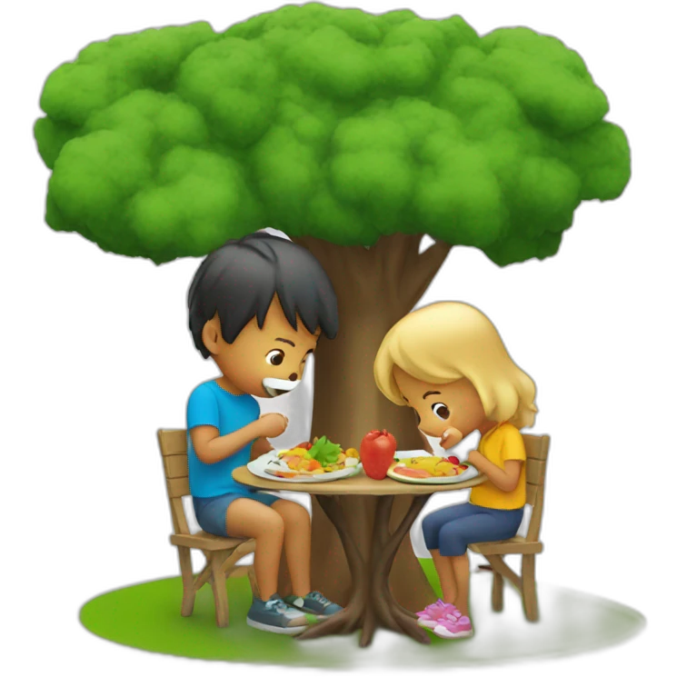 2 kids eating behind a tree emoji