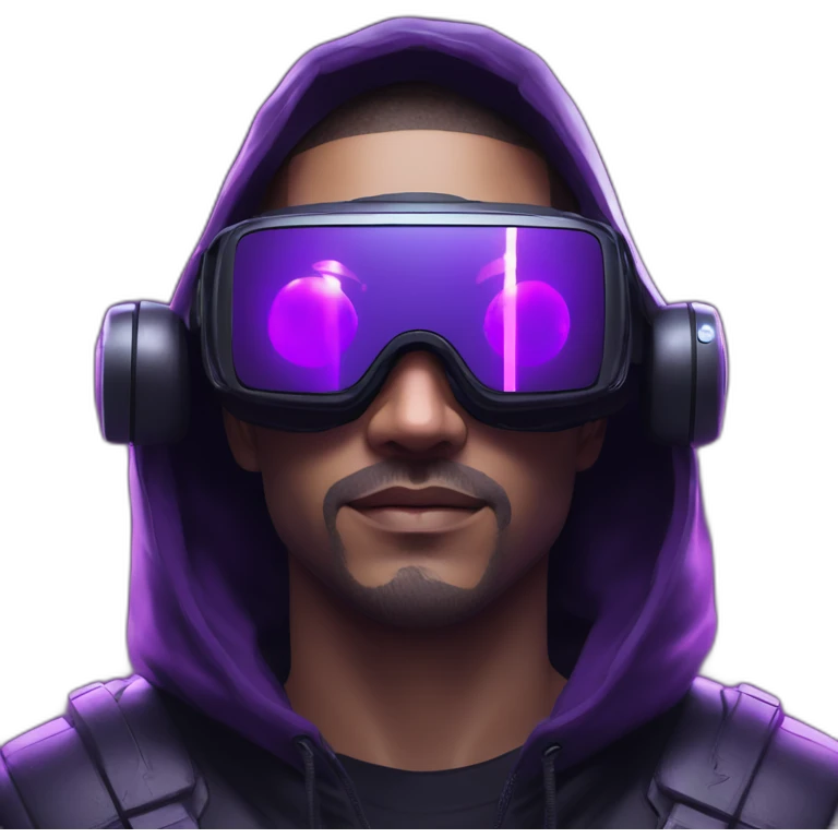 Cyberpunk style. Violet neon. Man with white skin in the black hoody with violet OMG VR logo on it wearing vr headset oculus quest 2 emoji