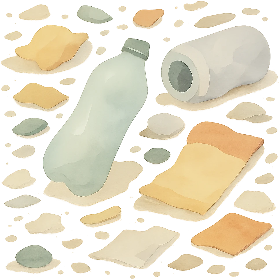 Make the trash on the floor look much messier, with more scattered items, in a watercolor art style, no background. emoji
