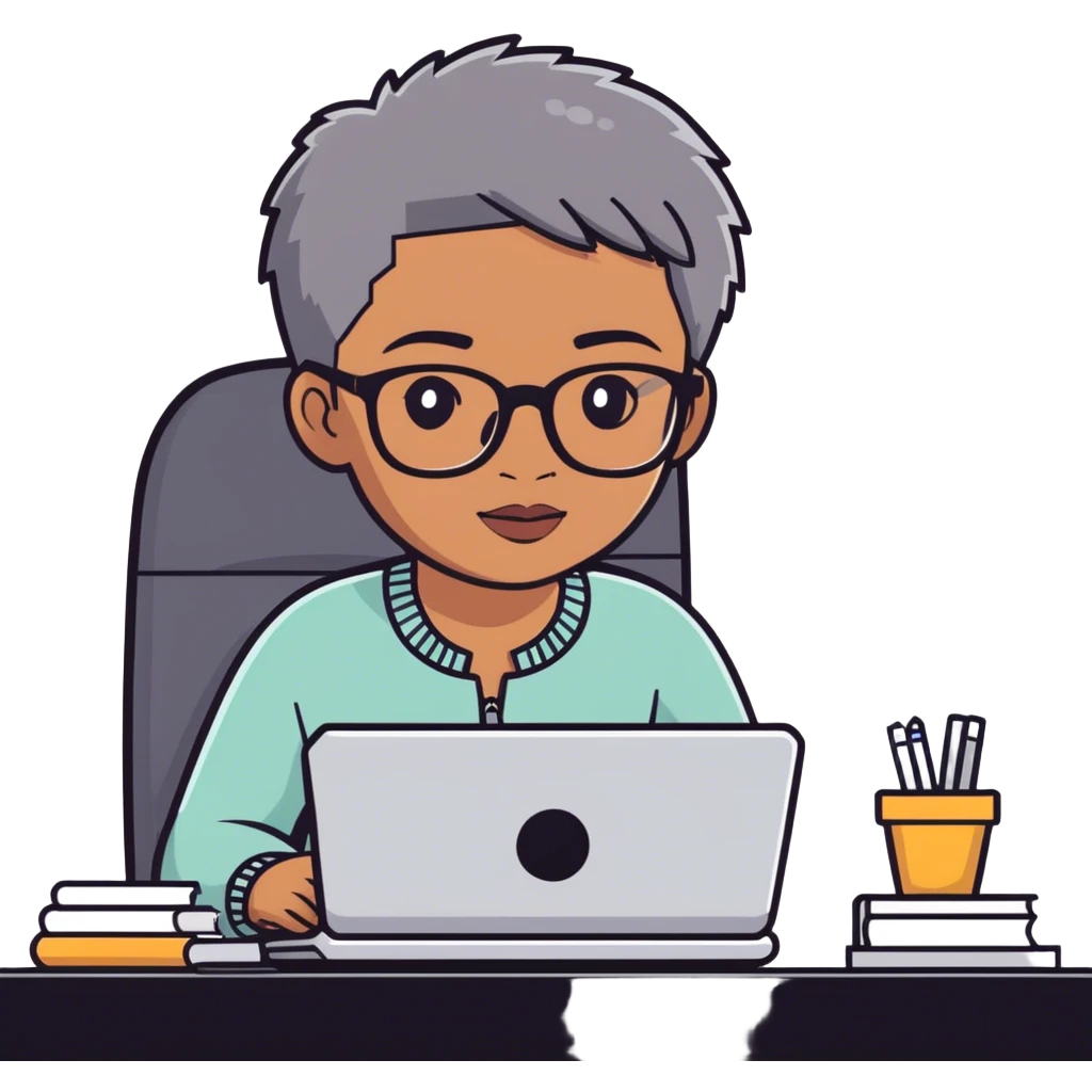 Light skinned Black girl with glasses natural gray haircut working on computer emoji