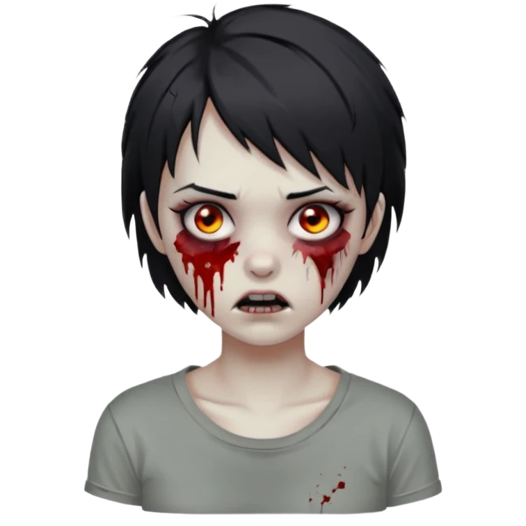 Zombie girl with messy black short hair in gray tshirt with lashes and torn cheek emoji