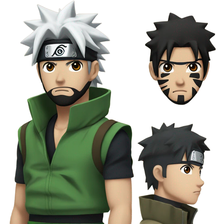 Naruto With Black hair and Black beard, sharingan eyes , Green jonin west,   emoji