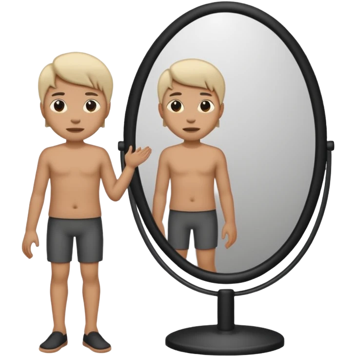 Minimalist emoji-style sticker of a person standing before a mirror, but the reflection is moving differently. Black and gray icon.
 emoji