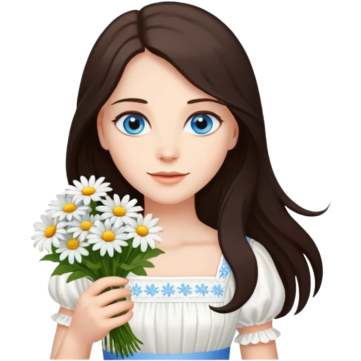 A lady stand with dark brown long hair and blue eyes, wearing a white dress, holds a bouquet of daisies.  emoji
