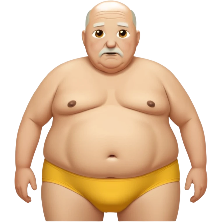 Short bald Old man thick hairy chest completely fat man with saggy boobs no shirt big belly tidy white stretched out elastic  and holes ina yellow in front of his underwear falling down off his hips showing his butt crack no pants   emoji