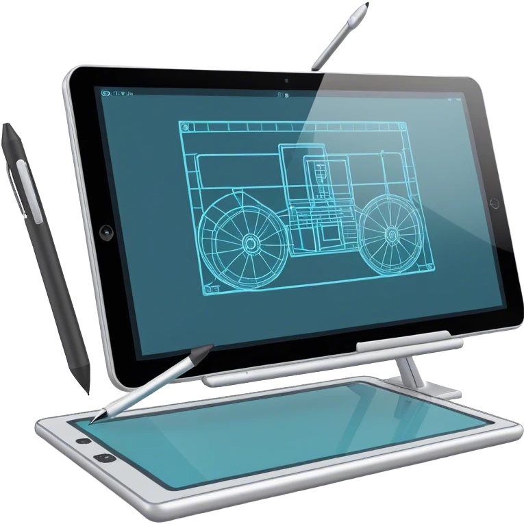 Create an emoji for 3D visualization and modeling. Show a large graphic tablet with a stylus drawing in a 3D modeling program, displaying a wireframe model that pops out from the screen. Use modern, professional colors. Do not include any emojis or smiley faces. Make the background transparent. emoji