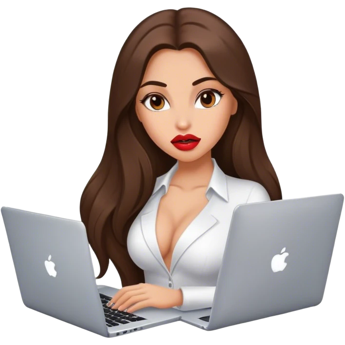 beautiful sexy girl, with long brunette hair, with big lips, with laptop emoji