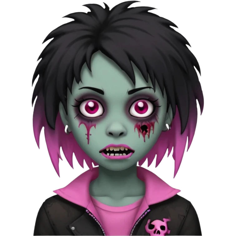 girl, zombie, black coily hair, medium long, emo, shaggy, dark, spooky, piercing on eyebrow, pink teeth, creepy blank expression emoji