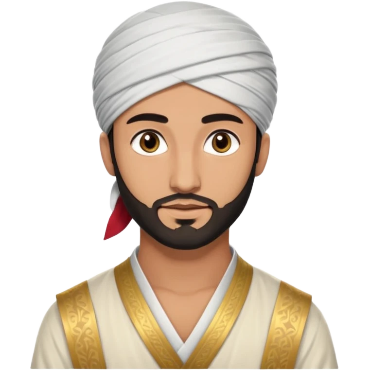 
-Apariencia: Joven de unos 25-30 años, atractivo,.
-Rostro: Ojos oscuros, piel ligeramente morena, rasgos árabes finos.
-Cabello: Negro, algo rizado o suelto, con barba fina.
-cuerpo entero  puede llevar una túnica más oriental, con faja y turbante sencillo emoji