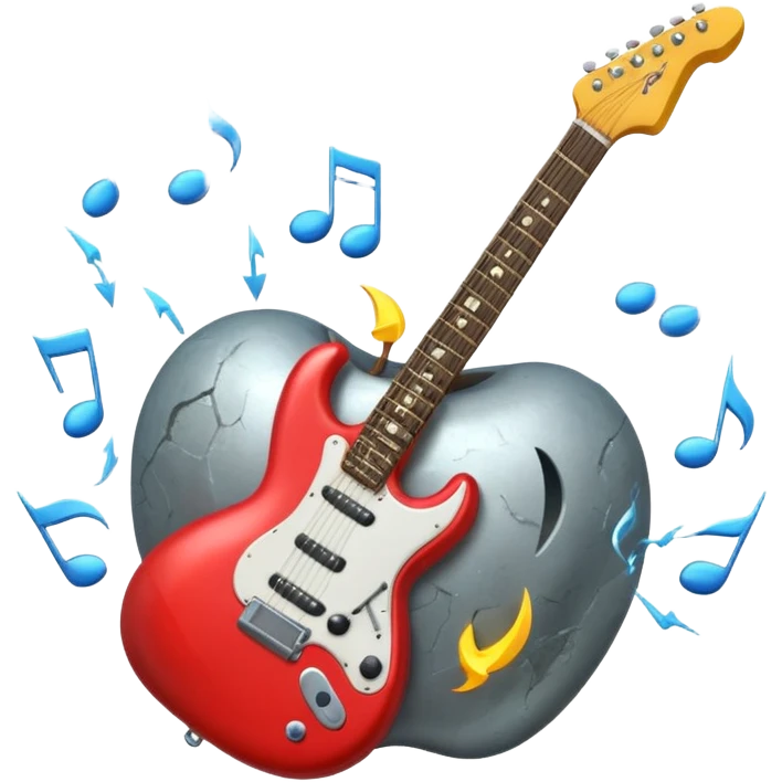 A 3D Apple-style emoji of a bold “ROCK” text written in shiny metallic letters, with an electric guitar leaning on the text, surrounded by small music notes and lightning bolts, energetic and powerful rock music vibe emoji