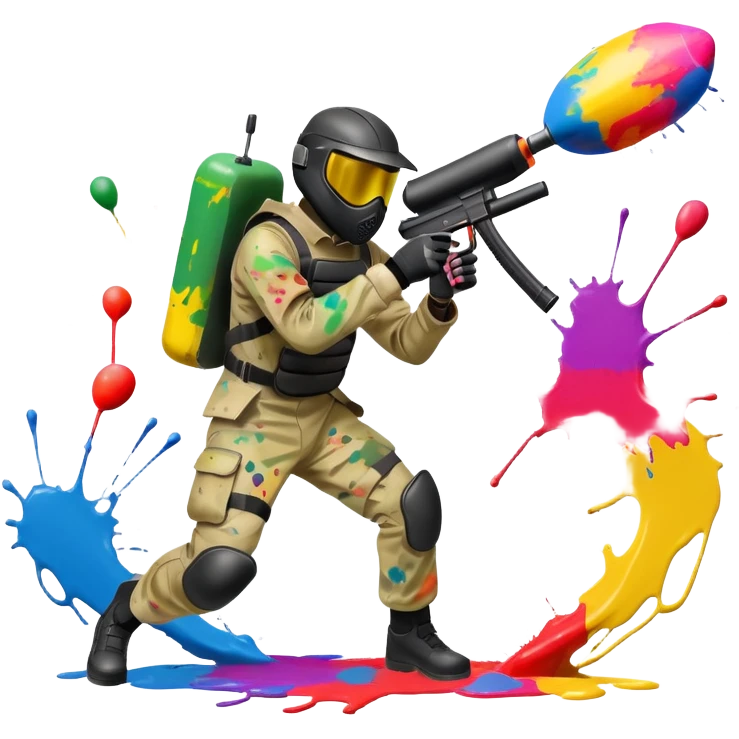 A dynamic scene of a player in action, holding a paintball gun and wearing protective gear. The background shows a vibrant paintball field with obstacles, colorful splatters of paint in the air, and an intense, competitive atmosphere. emoji