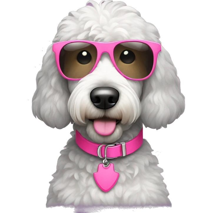 Grey and white golden doodle with pink collar and sunglasses emoji