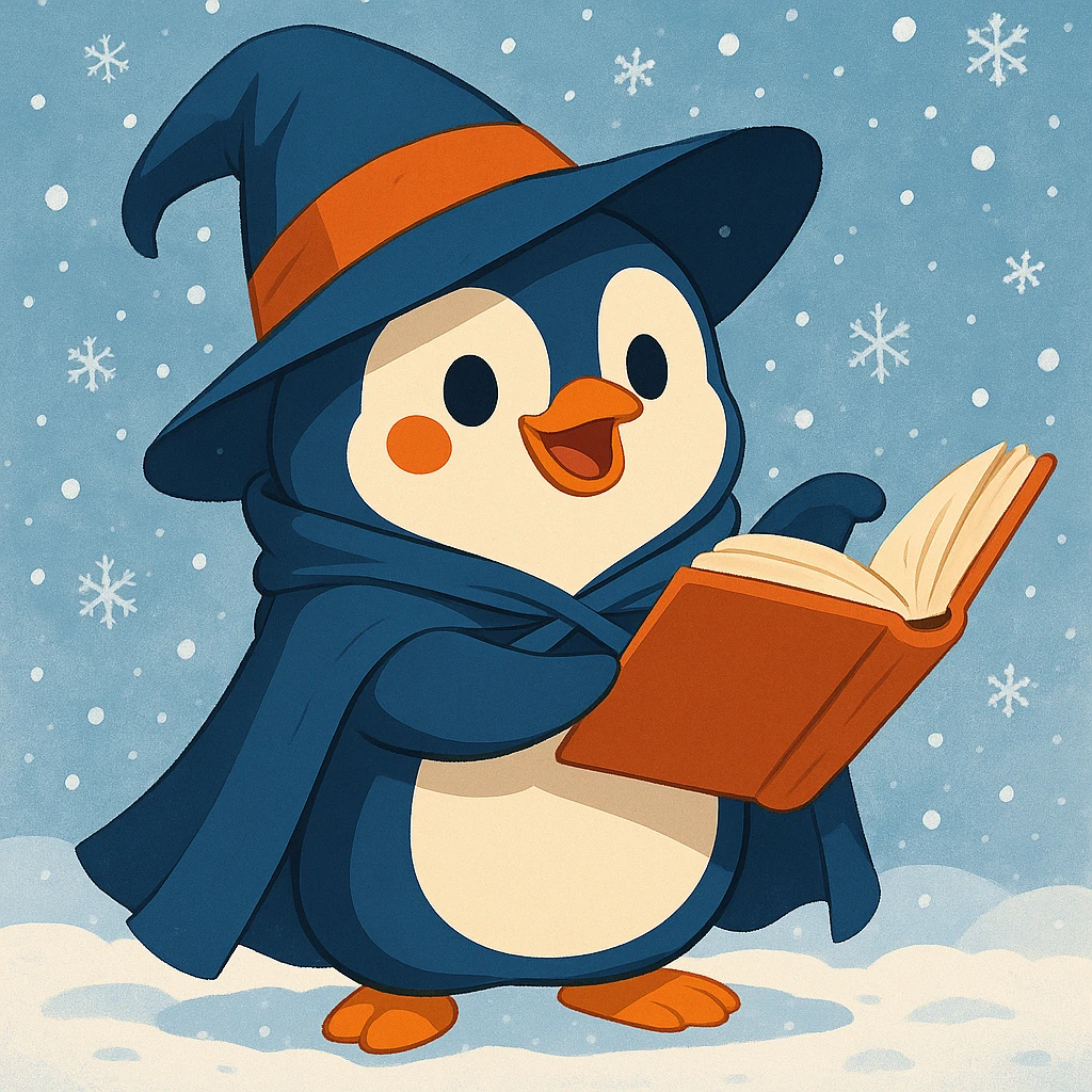 Add a snowy background behind the chubby penguin wizard, keeping the playful style. emoji