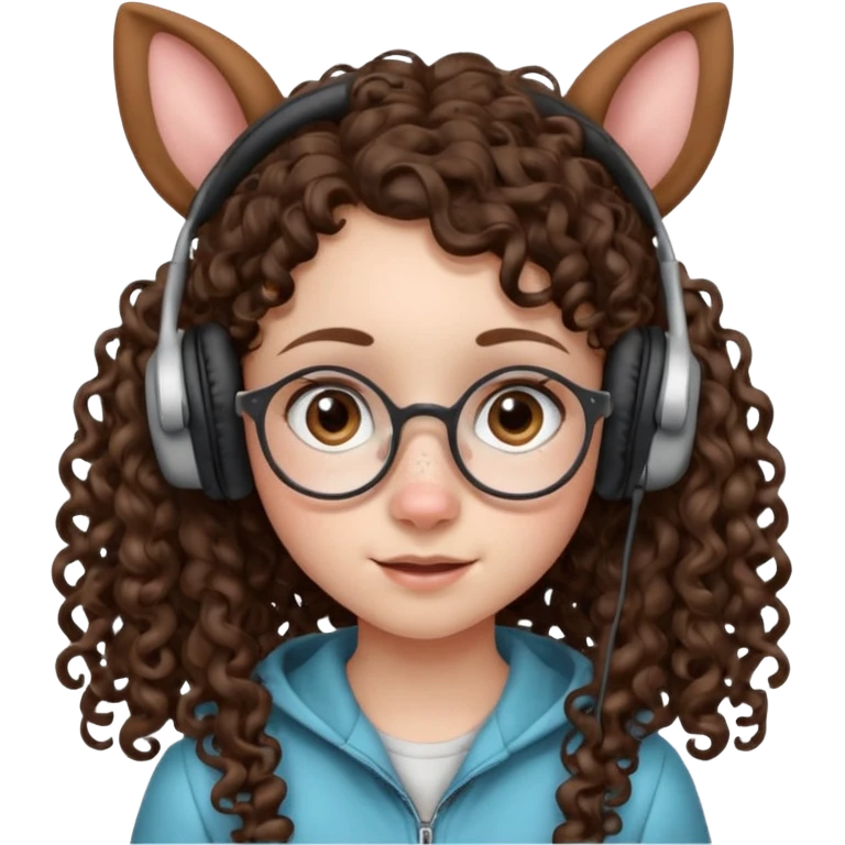 brunette kid with unique face features and very curly long hair kid girl neutral and very big nose and ears and dark eyes with freckles kind of nerd looking and headphone wearing emoji