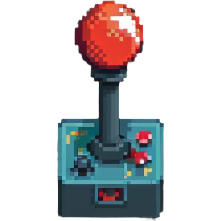 A classic arcade joystick with red ball top and buttons in pixel art style emoji