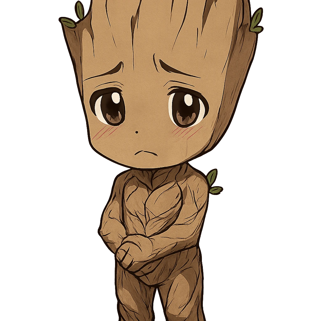 anime style Groot character, cute and shy, sad expression emoji