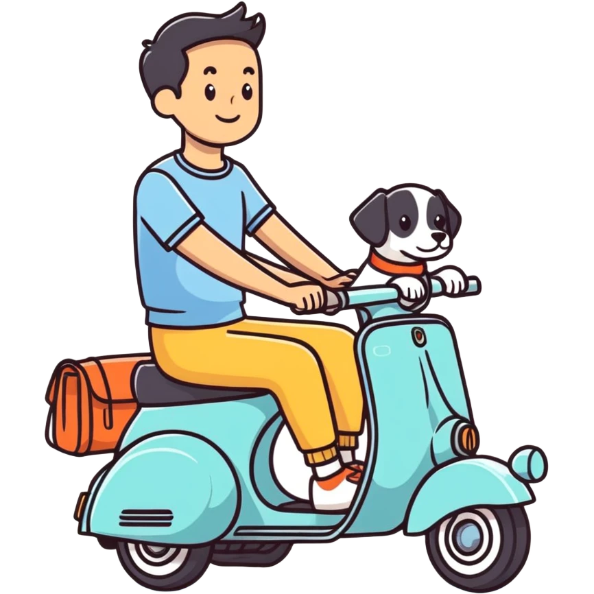 man and his pet dog riding a vespa emoji