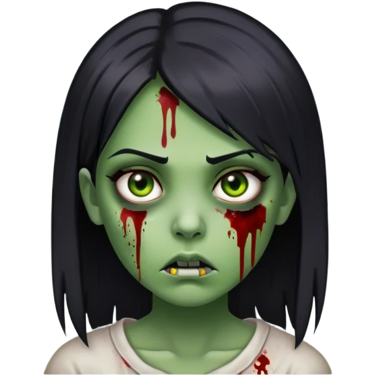 zombie girl, straight black hair, green skin, blood on her face, serious expression.  emoji