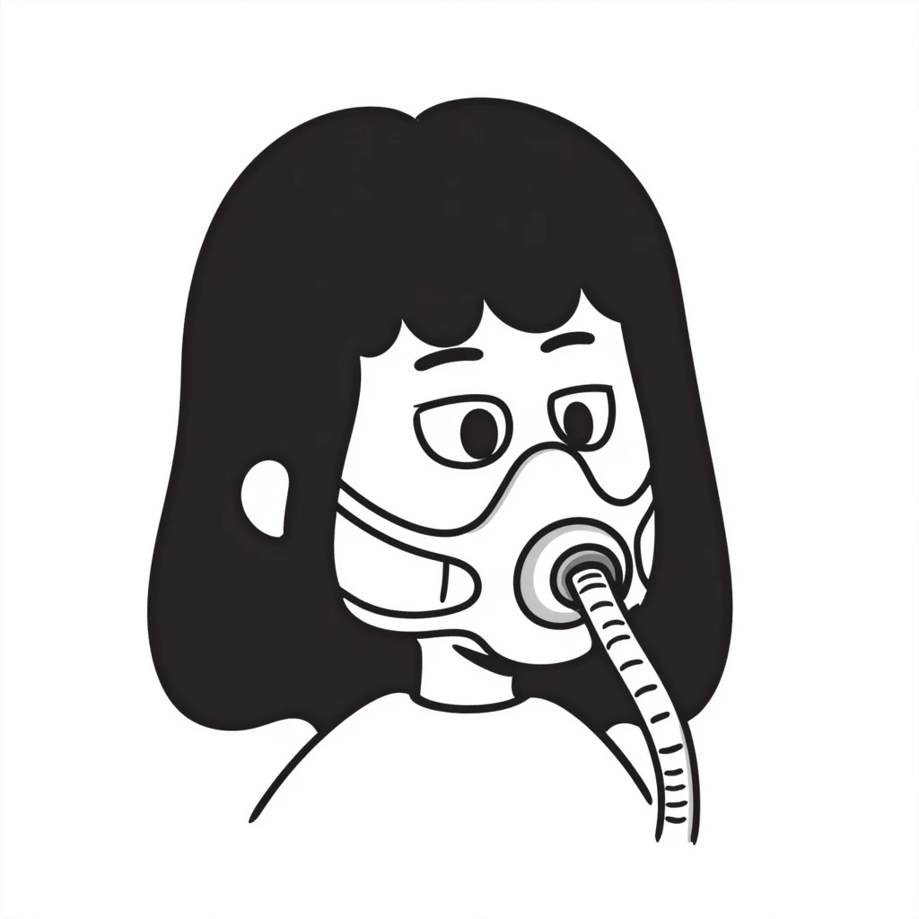 Hand-drawn person wearing breathing mask with tubes for measuring oxygen intake during exercise test emoji