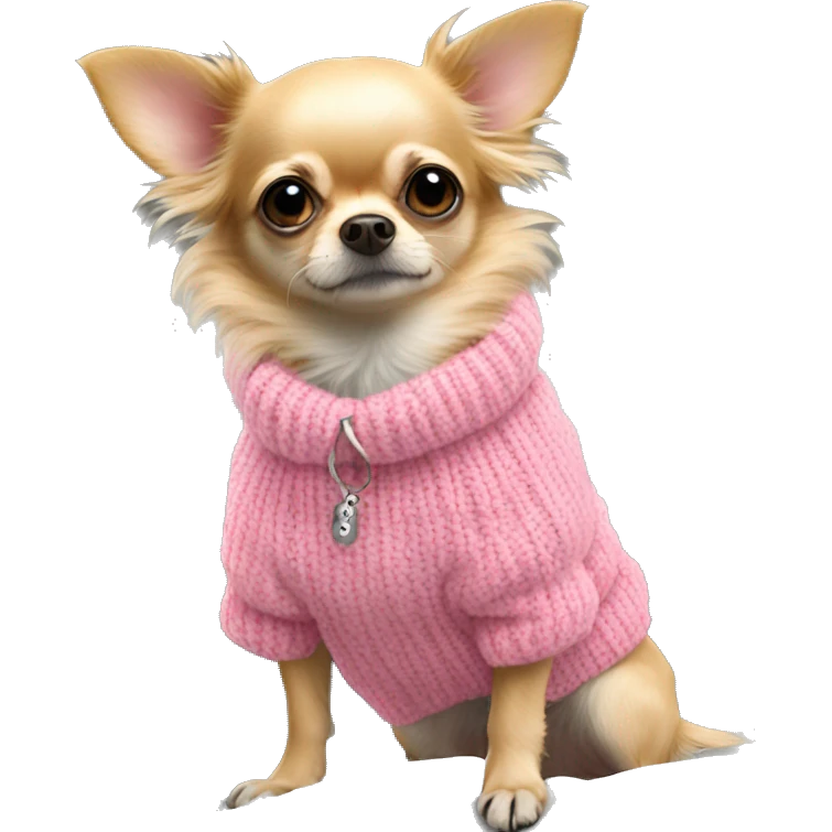 super scruffy wirey haired blonde chihuahua in a huge pink sweater emoji