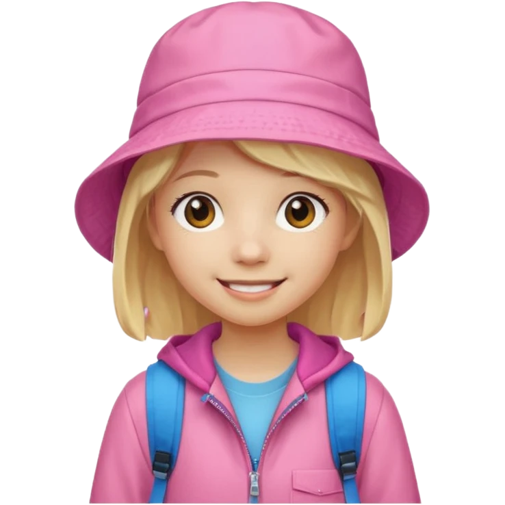 A student white skin, blonde hair, with pink bucket hat, orange jacket, blue backpack emoji