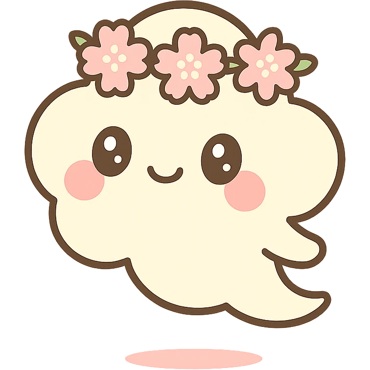 vanilla cloud doe with rosy cheeks, cherry blossom crown, floating witch-like grace, brand identity mascot for social media emoji